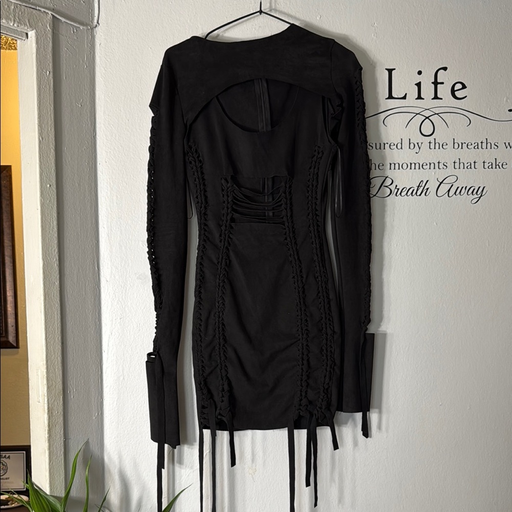 Fashion Nova Black Long Sleeve Lace-Up Dress